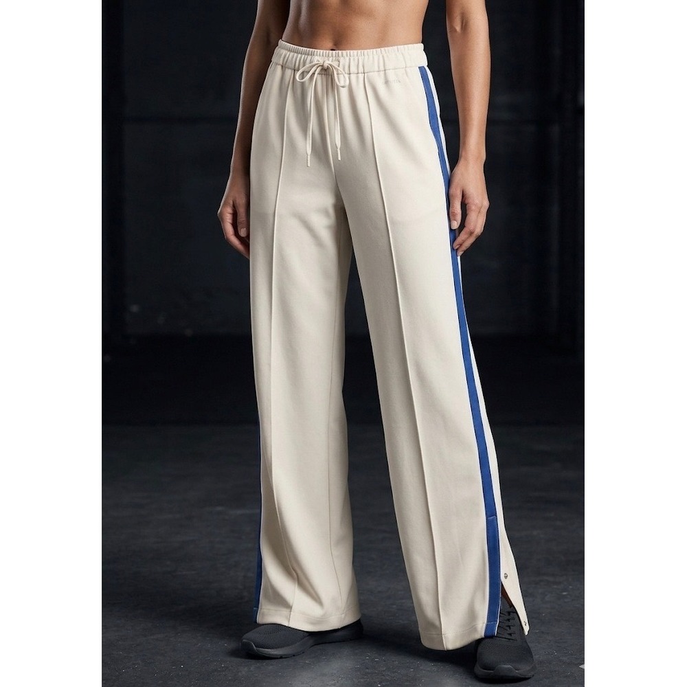 Athleta Cream Wide-Leg Track Pants with Blue Side Stripe